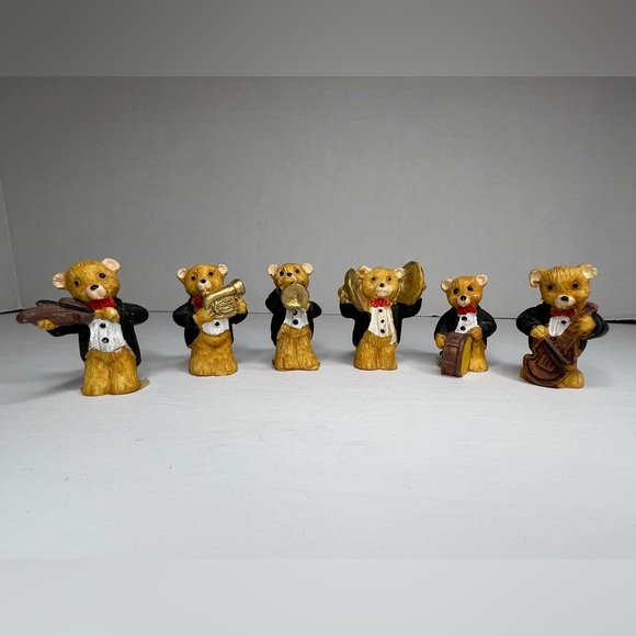 SET OF 6 RESIN TEDDY BEAR BAND FIGURINES WITH INSTRUMENTS 2" TALL EACH *EUC VTG* - Picture 1 of 11